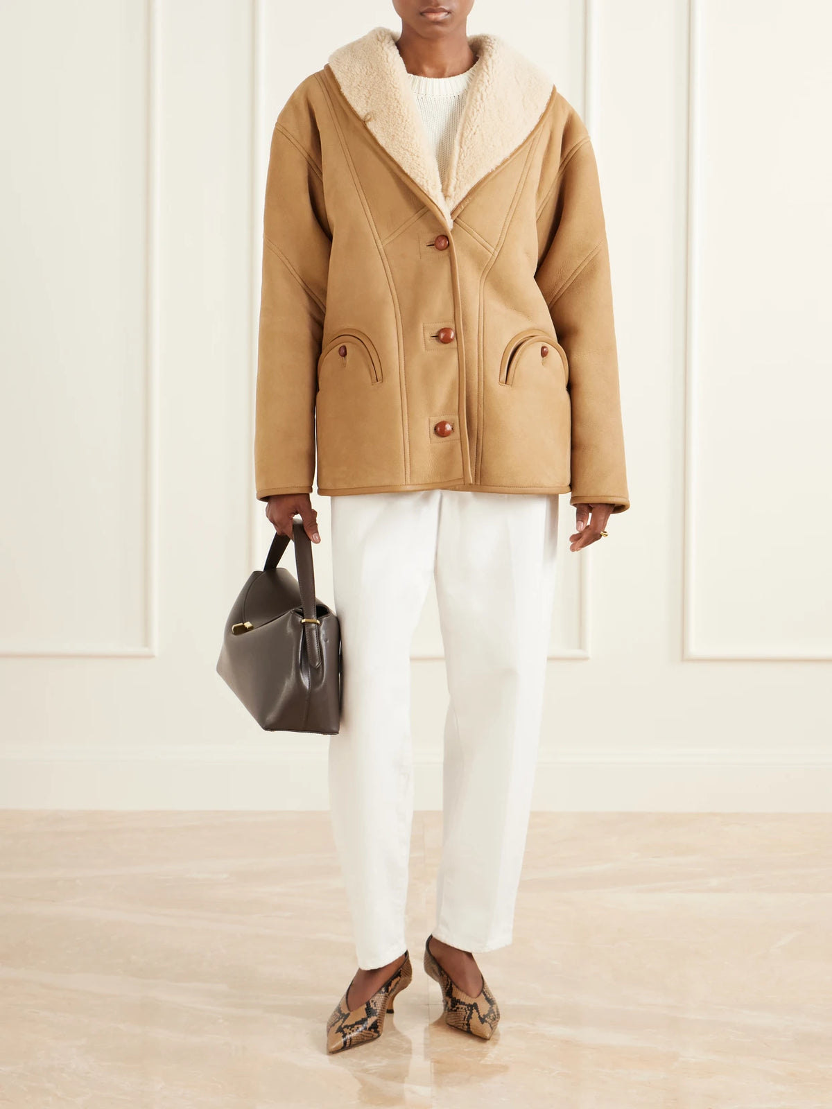 Image of Coats & Jackets. Product name - Tatoosh Shearling Jacket in Camel colour by brand - BLAZÉ Milano