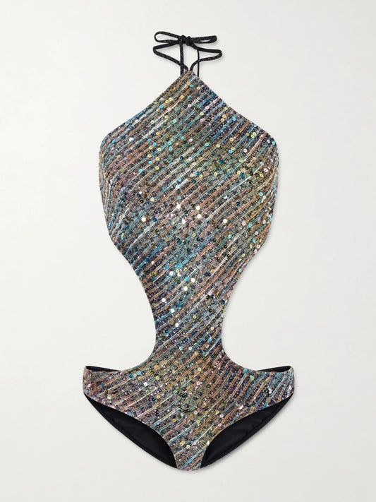 Image of Swimwear. Product name - Cut-out Sequin-embellished Striped Metallic Cotton-blend Halterneck Swimsuit in Blue colour by brand - Missoni