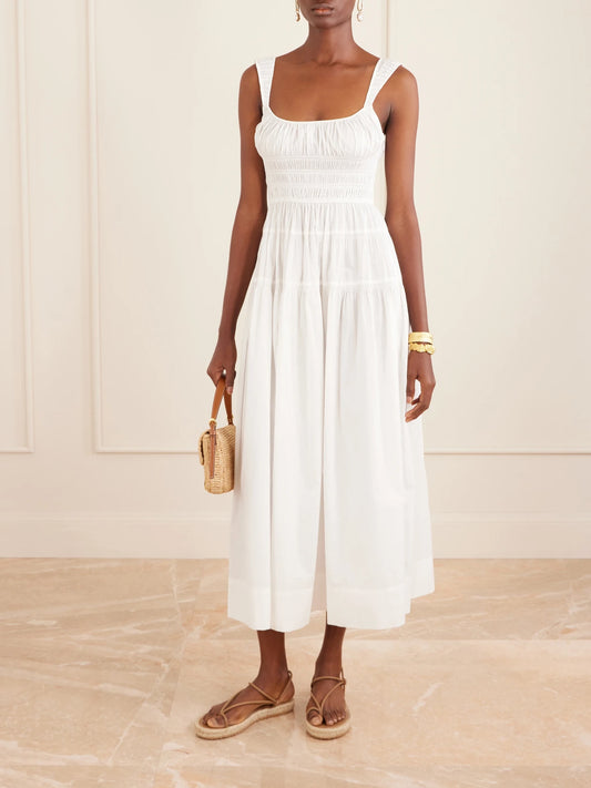Image of Dresses. Product name - Clover Shirred Organic Cotton-poplin Midi Dress in White colour by brand - DÔEN