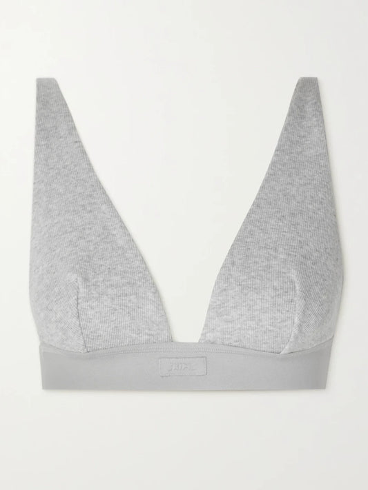 Image of Lingerie. Product name - Plunge Ribbed Cotton-blend Jersey Bralette - Light Heather Grey in Gray colour by brand - SKIMS