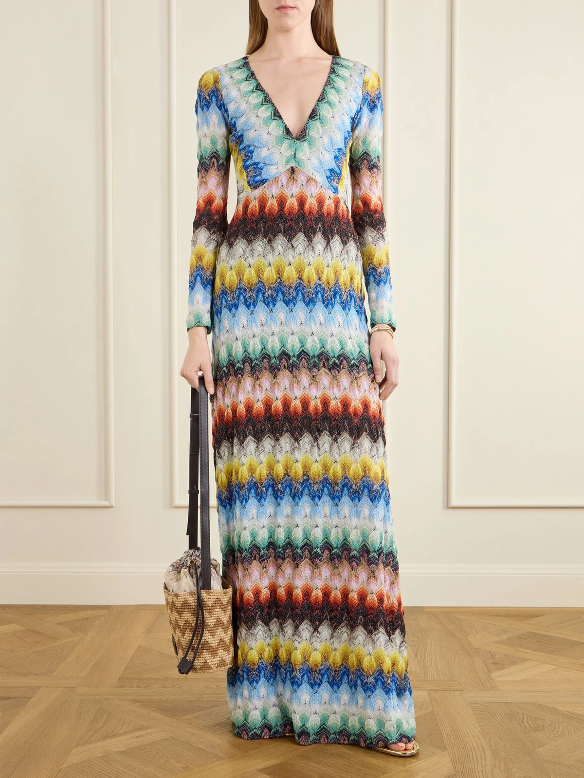 Image of Bags. Product name - Small Striped Leather-trimmed Raffia Bucket Bag in Beige colour by brand - Missoni