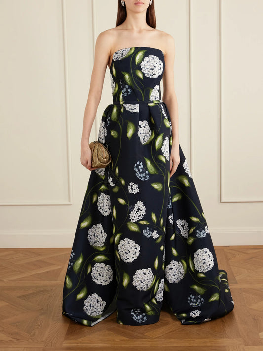 Image of Dresses. Product name - Floral-print Twill Gown in Navy colour by brand - Oscar de la Renta