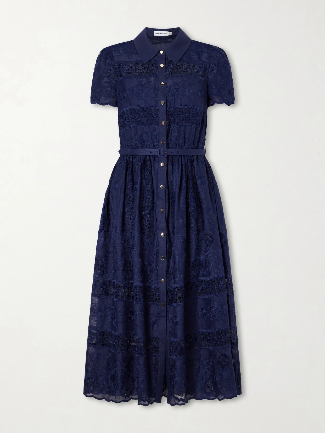 Image of Dresses. Product name - Belted Embroidered Lace-trimmed Ramie Midi Dress in Navy colour by brand - Self-Portrait