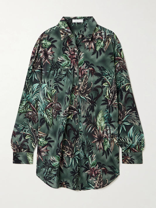 Image of a model wearing Tops. Product name - Printed Silk Shirt in Army green colour by brand - RABANNE