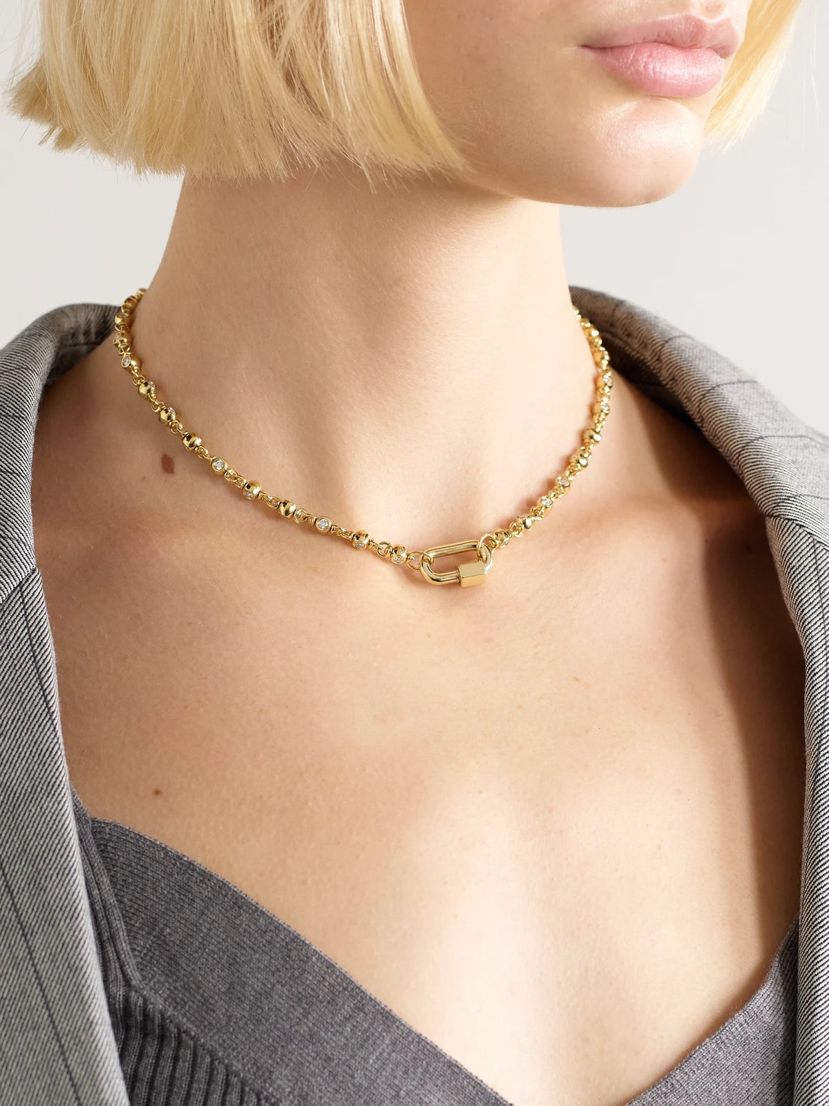 Image of Necklaces. Product name - Rolling Cans Chain + Chubby Babylock 18-karat Gold Diamond Necklace in Multi colour by brand - Marla Aaron
