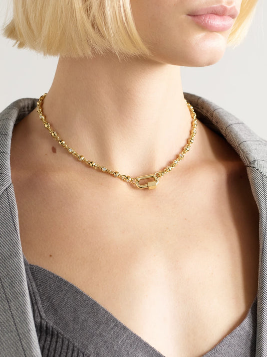Image of Necklaces. Product name - Rolling Cans Chain + Chubby Babylock 18-karat Gold Diamond Necklace in Multi colour by brand - Marla Aaron