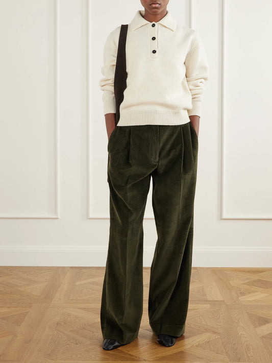 Image of a model wearing Outerwear. Product name - Wool And Cashmere-blend Polo Sweater in Cream colour by brand - RÓHE
