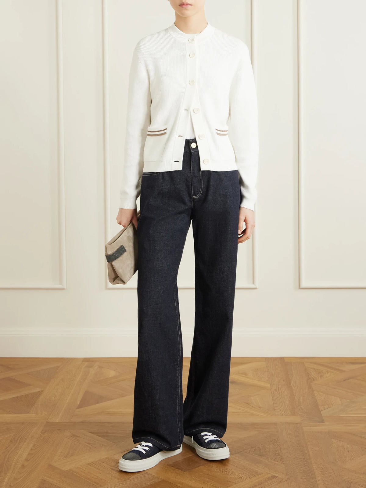 Image of a model wearing Outerwear. Product name - Bead-embellished Ribbed Cotton Cardigan in White colour by brand - Brunello Cucinelli