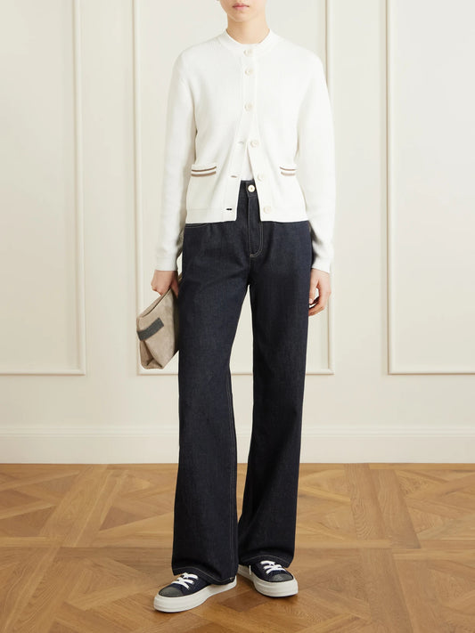 Image of a model wearing Outerwear. Product name - Bead-embellished Ribbed Cotton Cardigan in White colour by brand - Brunello Cucinelli