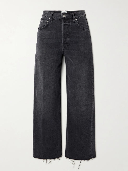 Image of Jeans. Product name - Ayla Cropped Frayed High-rise Wide-leg Jeans in Black colour by brand - Citizens of Humanity