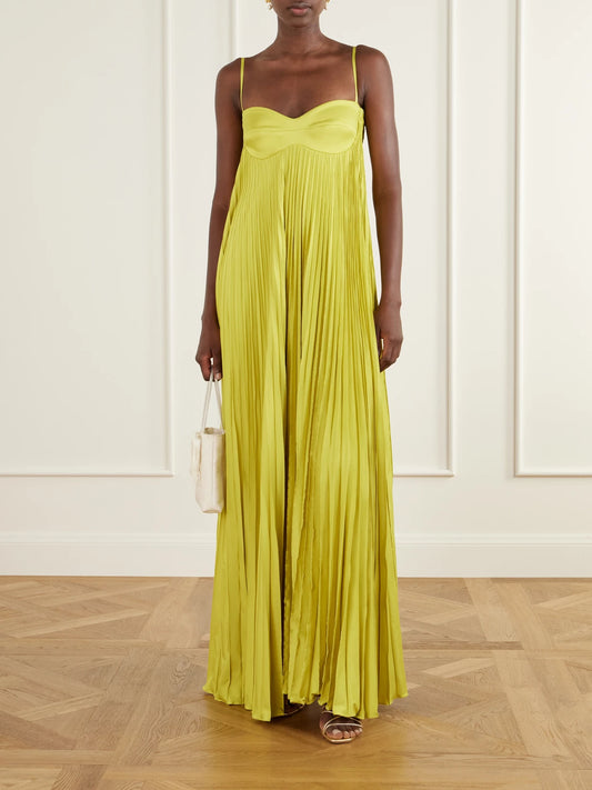 Image of Dresses. Product name - Para Ella Plissé Jersey Maxi Dress in Lime green colour by brand - Andres Otalora