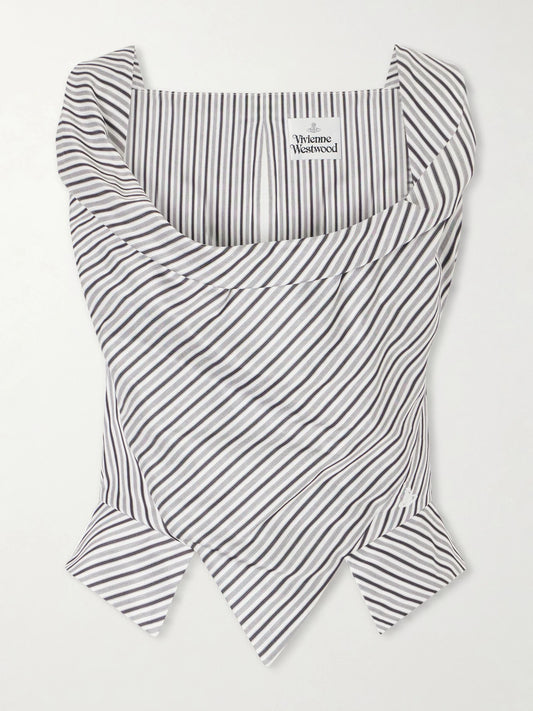 Image of a model wearing Tops. Product name - Sunday Asymmetric Striped Cotton-poplin Blouse in Gray colour by brand - Vivienne Westwood