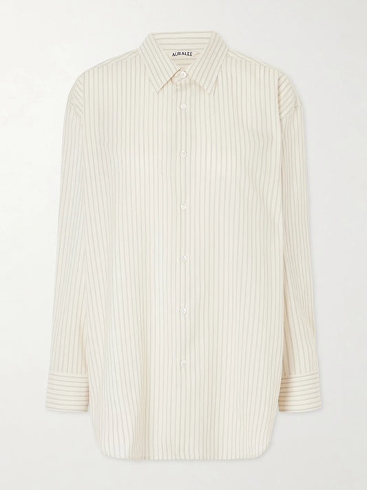 Image of a model wearing Tops. Product name - Striped Wool Shirt in Pastel yellow colour by brand - Auralee