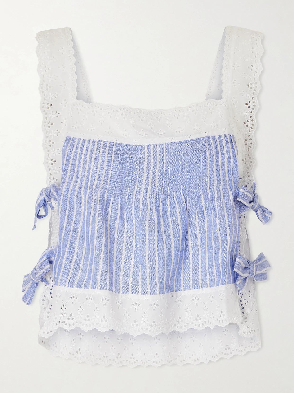 Fiocchini Pleated Striped Broderie Anglaise-trimmed Linen Top