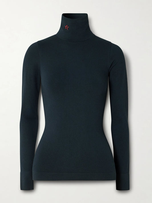Image of a model wearing Tops. Product name - Ribbed Thermal Modal-blend Turtleneck Top in Black colour by brand - Perfect Moment