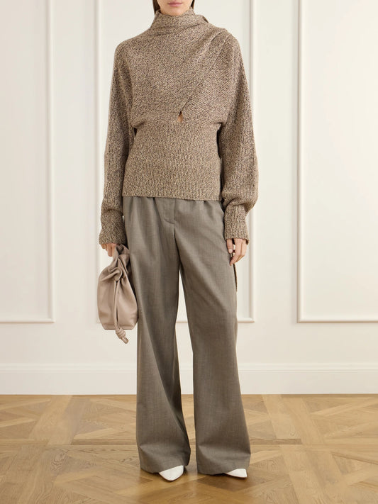 Image of a model wearing Outerwear. Product name - Wright Scarf-detailed Wool-blend Sweater in Brown colour by brand - OSSOU