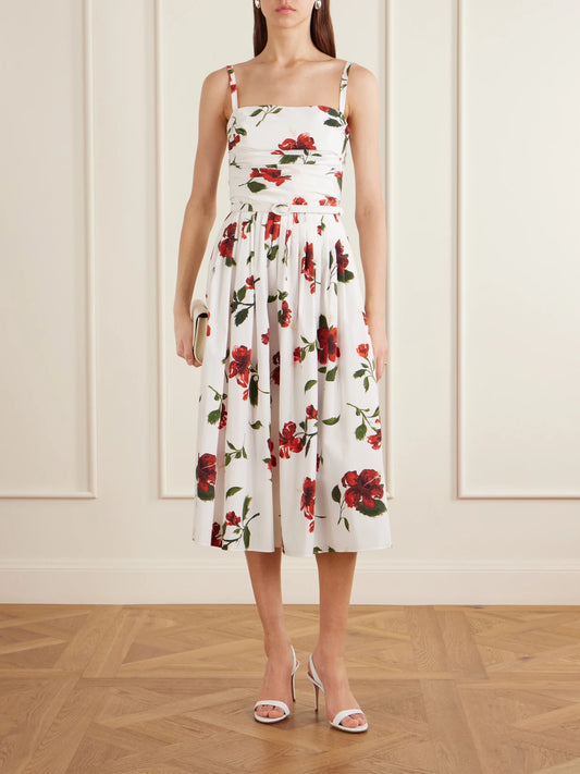 Image of Dresses. Product name - Belted Pleated Floral-print Cotton-blend Poplin Midi Dress in White colour by brand - Oscar de la Renta