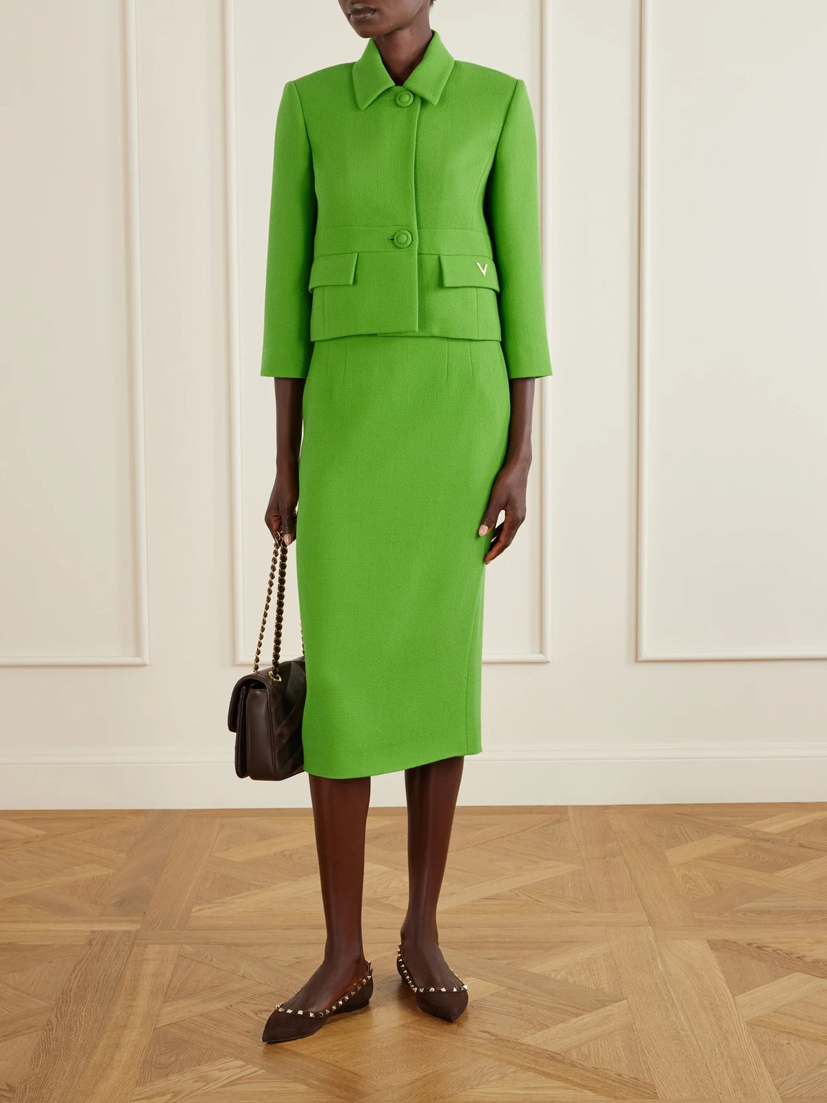 Image of Flats. Product name - Rockstud Suede Ballet Flats in Dark brown colour by brand - Valentino Garavani