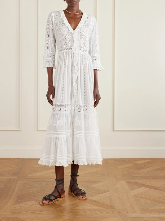 Image of Dresses. Product name - Clemencia Ruffled Lace-trimmed Organic Cotton-voile Midi Dress in White colour by brand - DÔEN