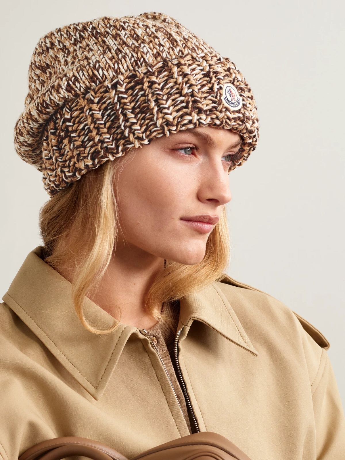Image of Hats. Product name - Appliquéd Ribbed Wool Beanie in Light brown colour by brand - Moncler