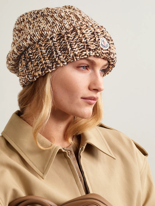 Image of Hats. Product name - Appliquéd Ribbed Wool Beanie in Light brown colour by brand - Moncler