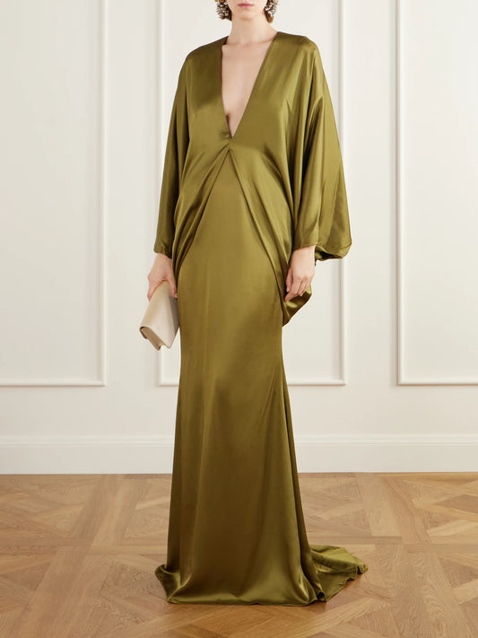 Image of Dresses. Product name - Butterfly Draped Satin Gown in Army green colour by brand - Taller Marmo