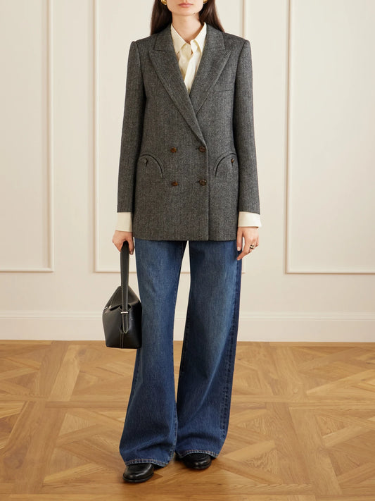 Image of Coats & Jackets. Product name - Everyday Double-breasted Herringbone Wool-blend Blazer in Gray colour by brand - BLAZÉ Milano