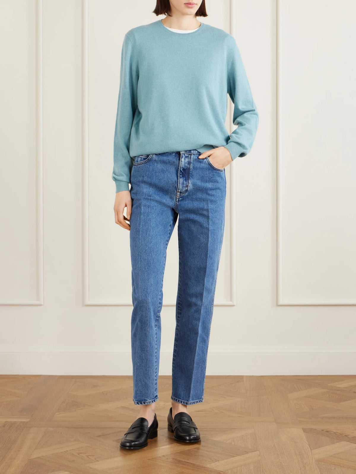Image of a model wearing Outerwear. Product name - Sergio Cashmere Sweater in Blue colour by brand - Loro Piana