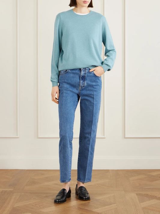 Image of a model wearing Outerwear. Product name - Sergio Cashmere Sweater in Blue colour by brand - Loro Piana