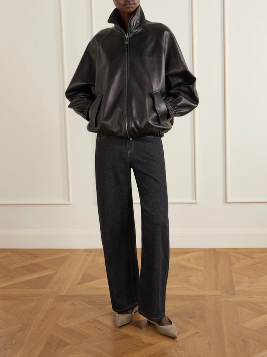 Image of Coats & Jackets. Product name - Leather Bomber Jacket in Black colour by brand - Brunello Cucinelli