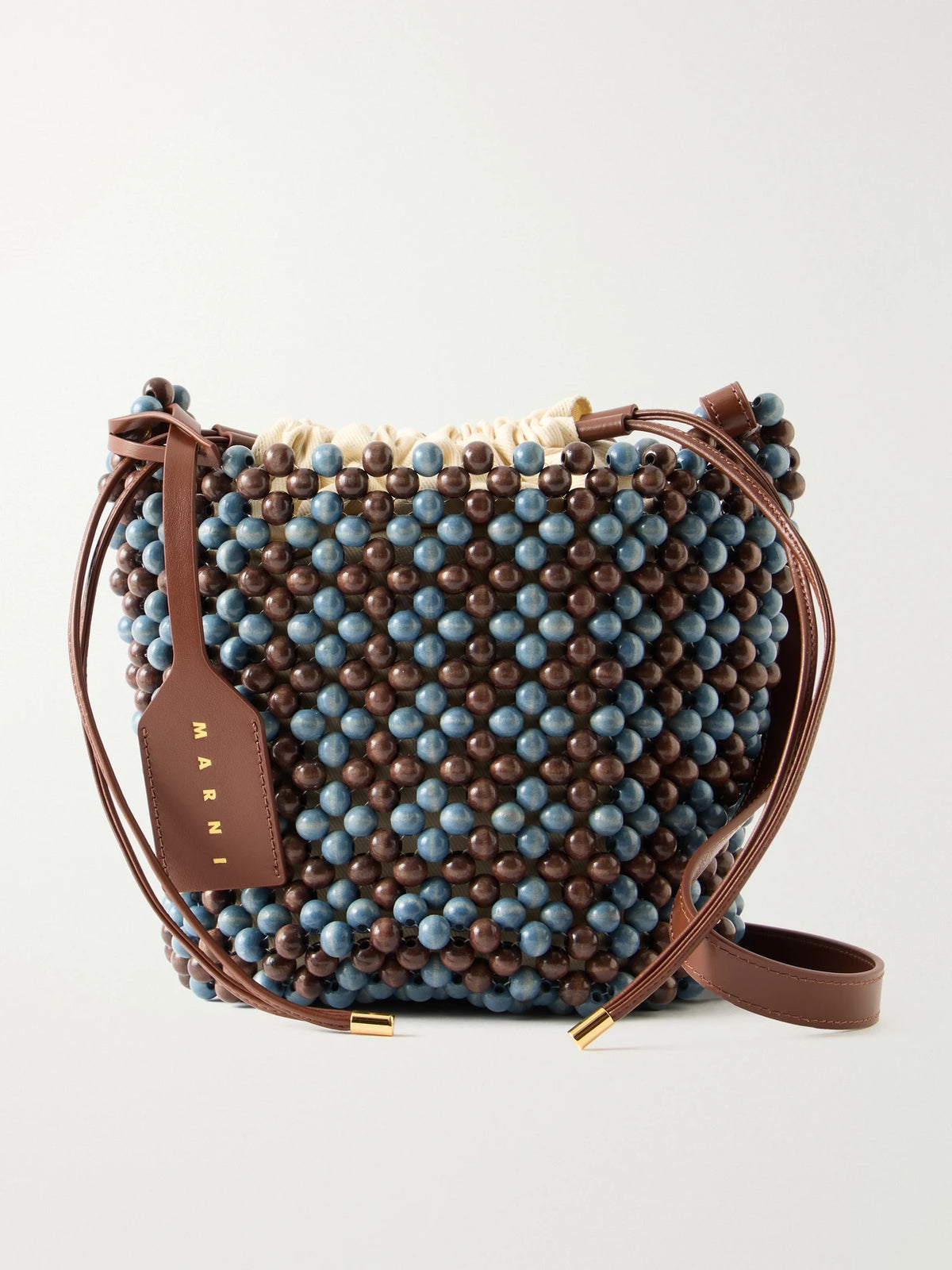 Leather-trimmed Beaded Wood And Canvas Tote
