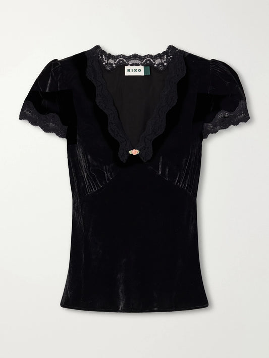 RIXO Karia Floral-appliquéd Gathered Lace-trimmed Velvet Blouse