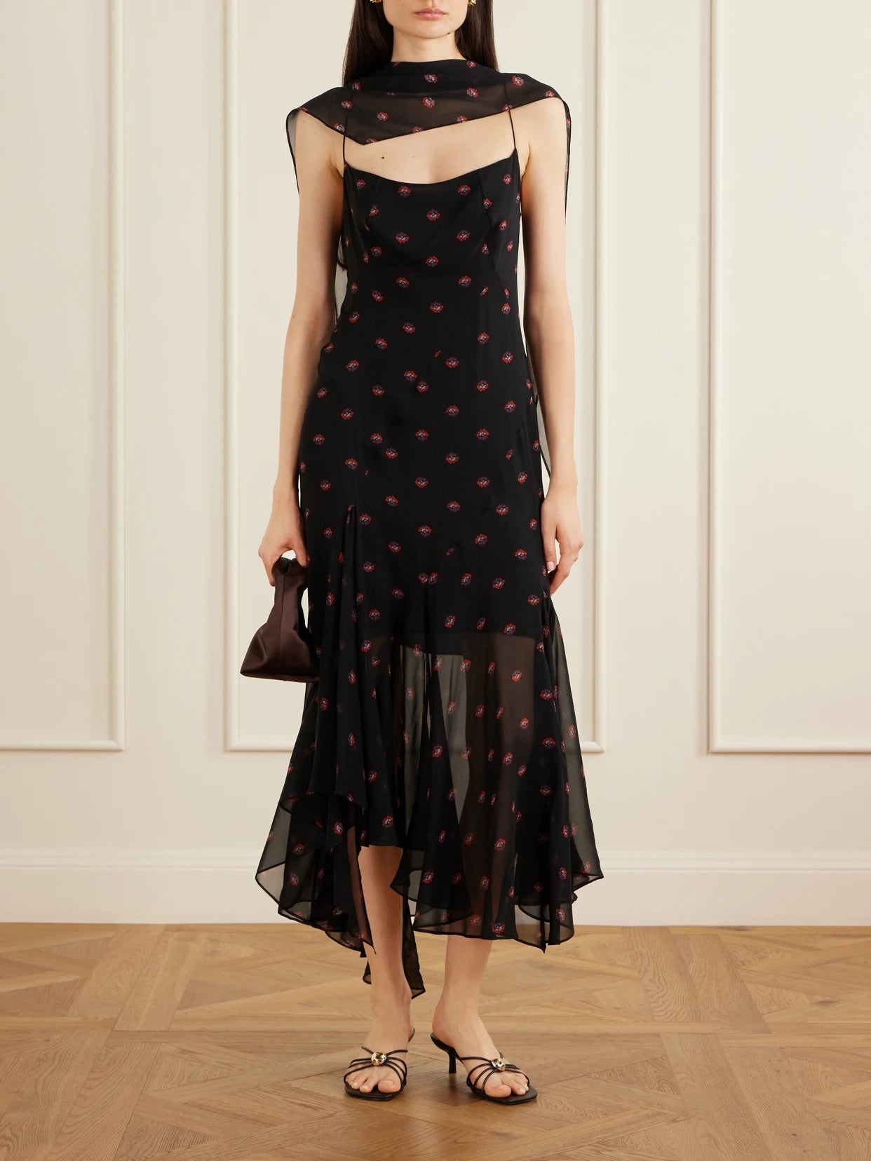 Image of Dresses. Product name - Aubrey Floral-print Silk-chiffon Gown in Black colour by brand - LIBEROWE