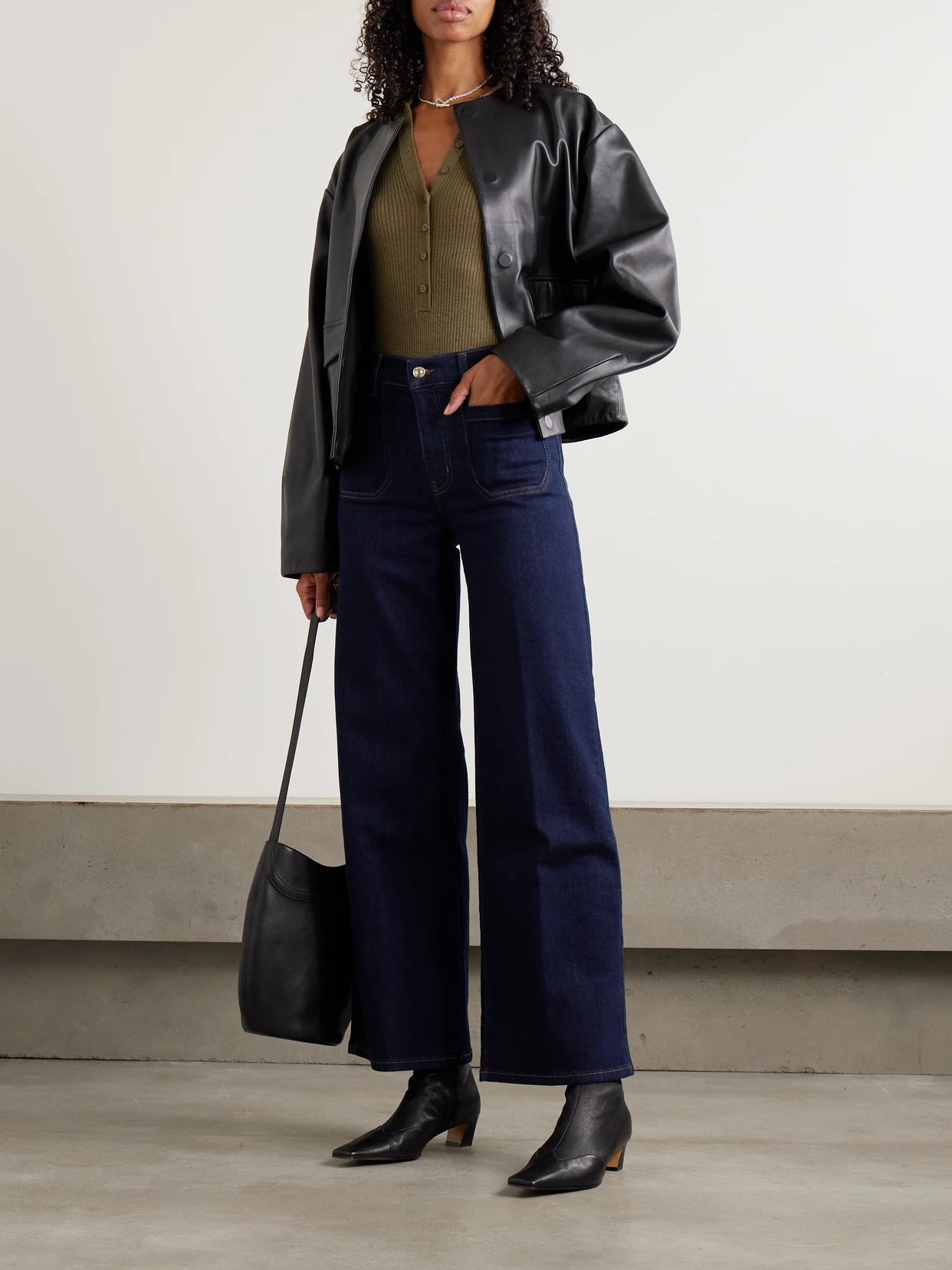 Image of Jeans. Product name - Le Slim Palazzo Modernist Pocket High-rise Wide-leg Jeans in Dark denim colour by brand - FRAME
