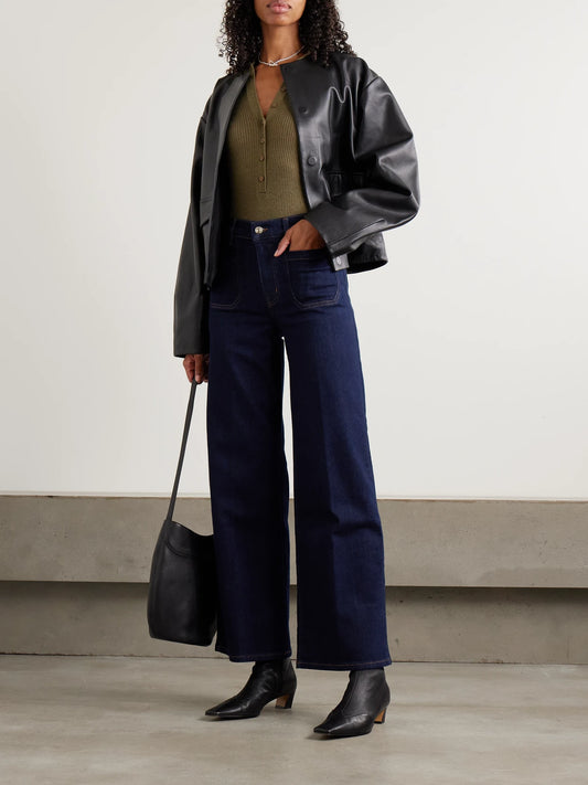 Image of Jeans. Product name - Le Slim Palazzo Modernist Pocket High-rise Wide-leg Jeans in Dark denim colour by brand - FRAME