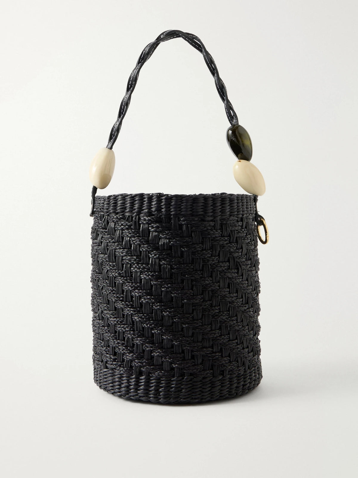Embellished Leather-trimmed Straw Bucket Bag
