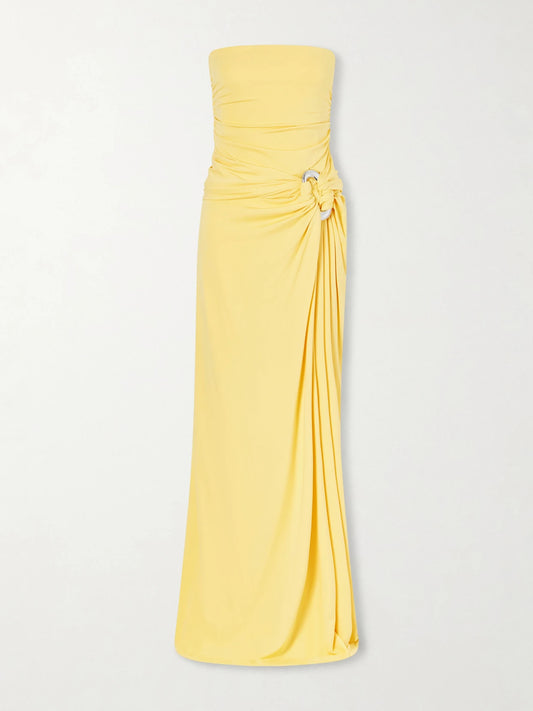 Image of Dresses. Product name - Emma Strapless Embellished Jersey Gown in Yellow colour by brand - SIMKHAI
