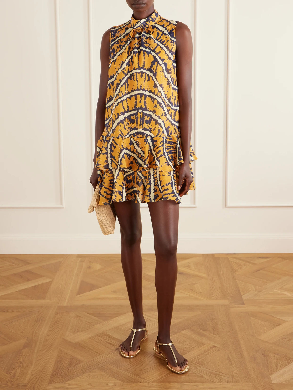 Image of Dresses. Product name - Ripple Tiered Printed Ramie Mini Dress in Yellow colour by brand - ALÉMAIS