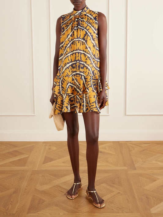Image of Dresses. Product name - Ripple Tiered Printed Ramie Mini Dress in Yellow colour by brand - ALÉMAIS