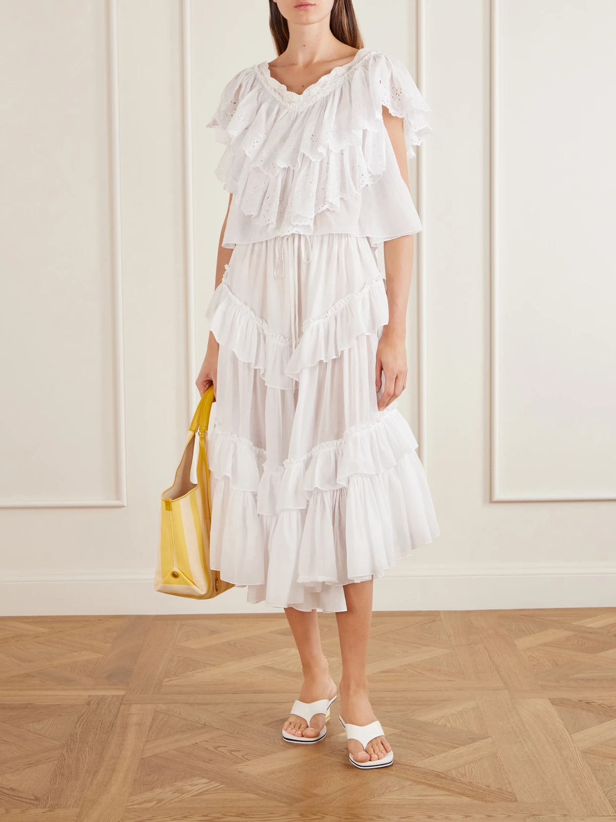Image of a model wearing Tops. Product name - Cropped Ruffled Broderie Anglaise Cotton Top in White colour by brand - Chloé