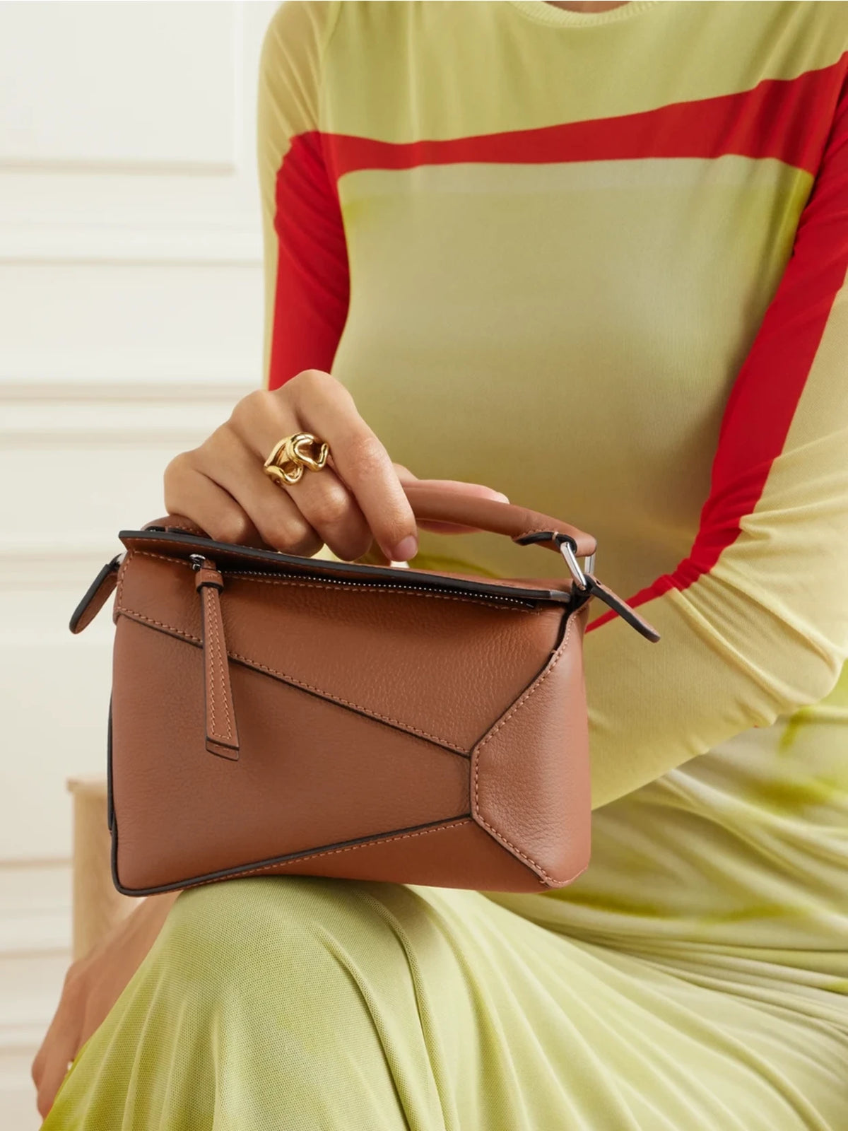 Image of Bags. Product name - Puzzle Edge Mini Textured-leather Shoulder Bag in Tan colour by brand - LOEWE