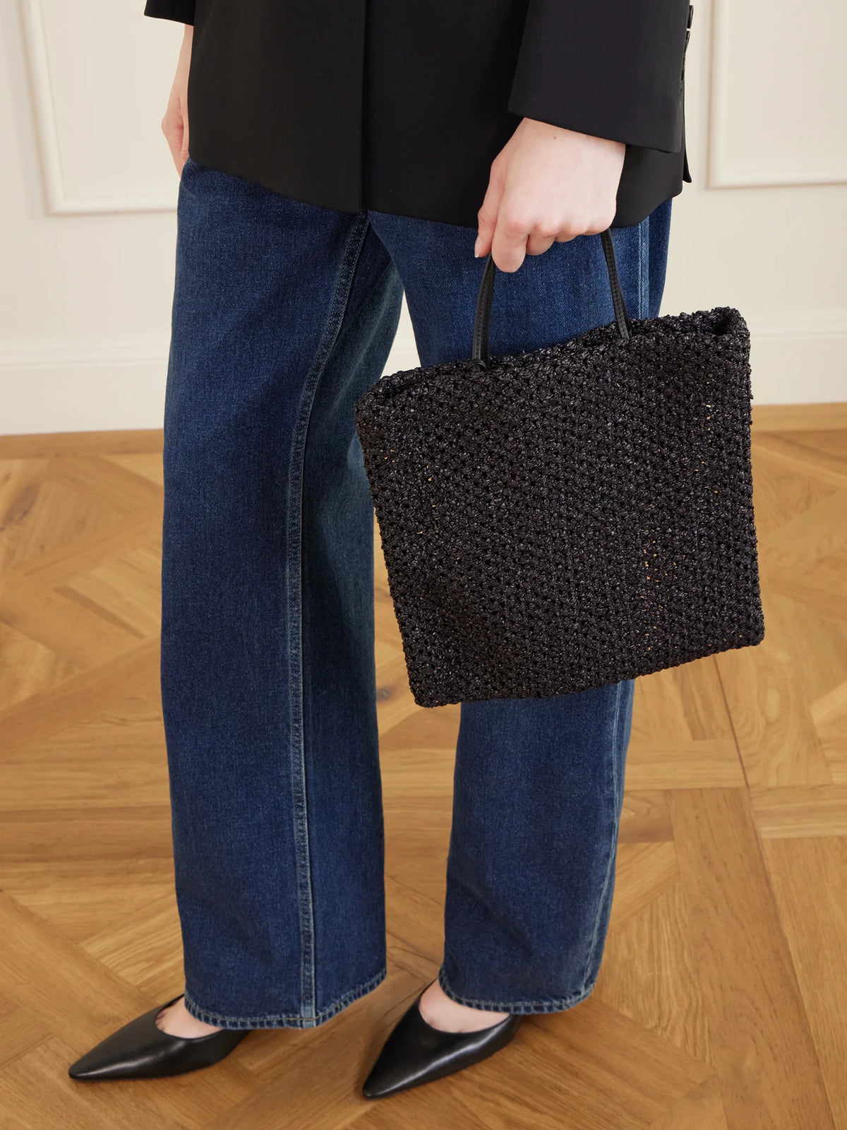 Image of Bags. Product name - Barn Mini Leather-trimmed Woven Raffia Tote in Black colour by brand - The Row