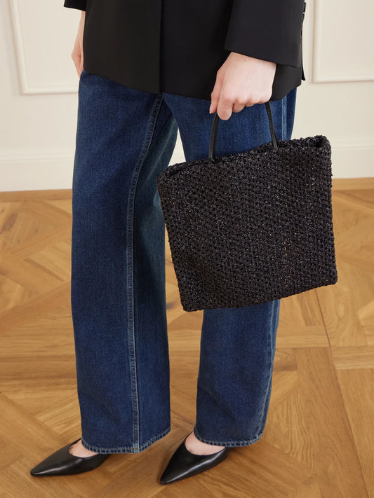 Image of Bags. Product name - Barn Mini Leather-trimmed Woven Raffia Tote in Black colour by brand - The Row