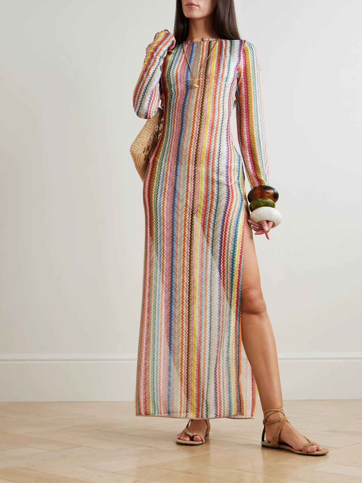 Image of Dresses. Product name - Mare Striped Metallic Crochet-knit Maxi Dress in Multi colour by brand - Missoni