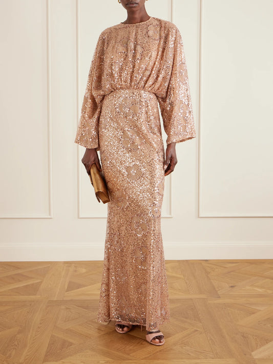 Image of Dresses. Product name - Embellished Silk-blend Tulle Gown in Light brown colour by brand - Elie Saab