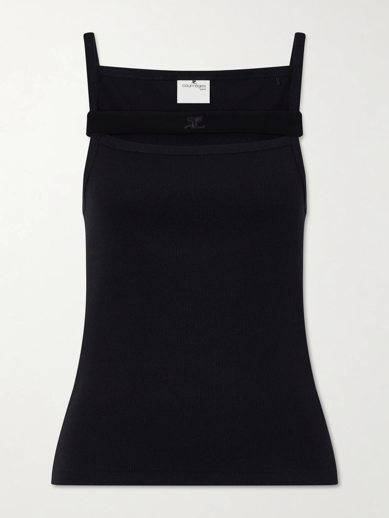 Image of a model wearing Tops. Product name - 90's Ribbed Cotton-blend Jersey Tank in Black colour by brand - COURREGES