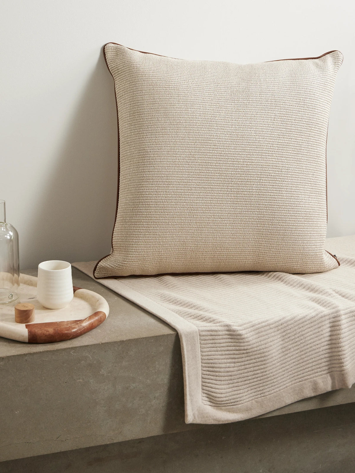 Image of Chair & Sofa Cushions. Product name - Leather-trimmed Woven Cotton-blend Cushion in Off-white colour by brand - Brunello Cucinelli