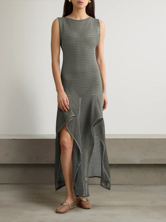 Image of Dresses. Product name - Ruffled Ribbed Open-knit Cotton-blend Midi Dress in Gray colour by brand - Alaïa