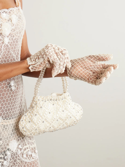 Image of Gloves & Mittens. Product name - Pearl-like Embellished Embroidered Tulle Gloves in Ivory colour by brand - Clio Peppiatt