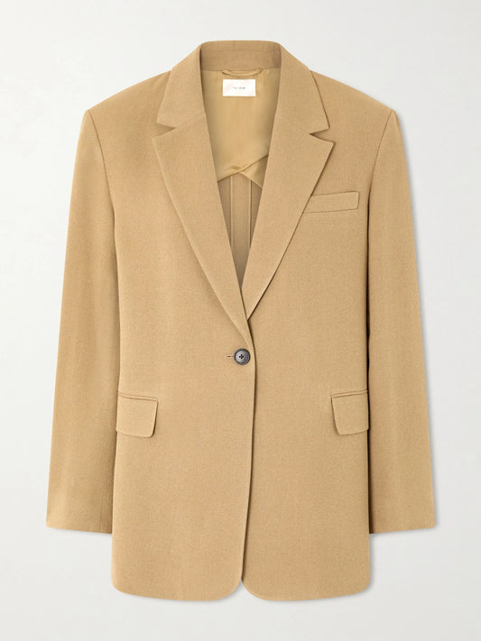 Image of a model wearing Outerwear. Product name - Ezri Silk Blazer in Beige colour by brand - The Row